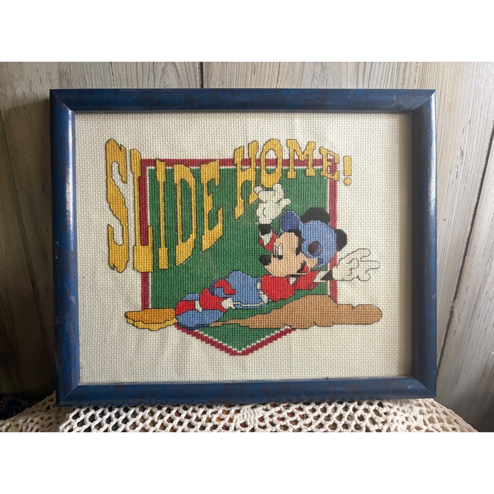 Vintage Disney Mickey Mouse Slide Home Baseball Cross Stitch Framed Art 12x10